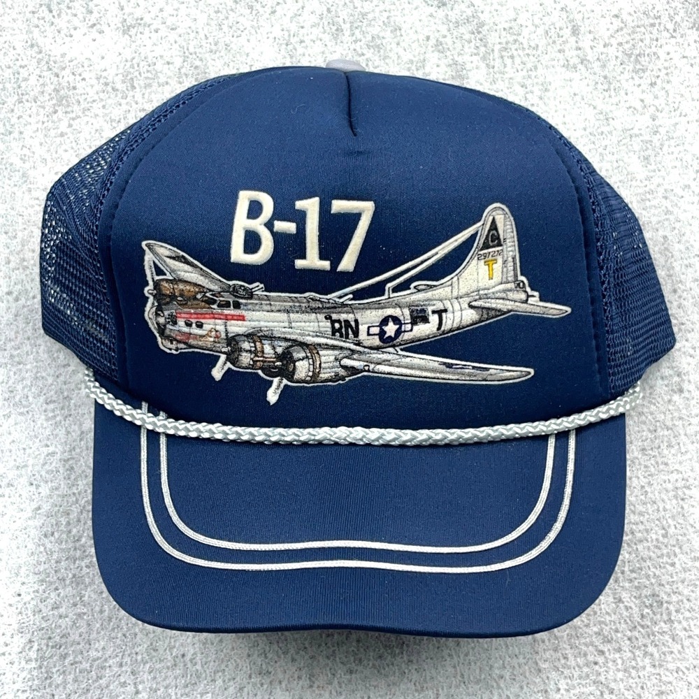 Vintage B-17 Airplane Trucker Hat Cap Snapback Blue White Rope Stripes Air Force
